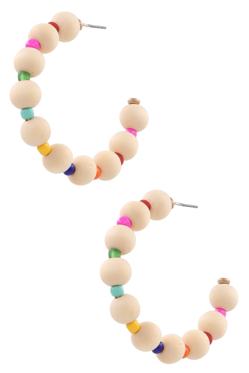 Wood Bead Open Hoop Earrings-Multi