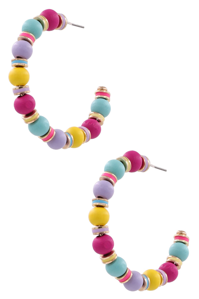 Wood Bead Open Hoop Earrings-Multi