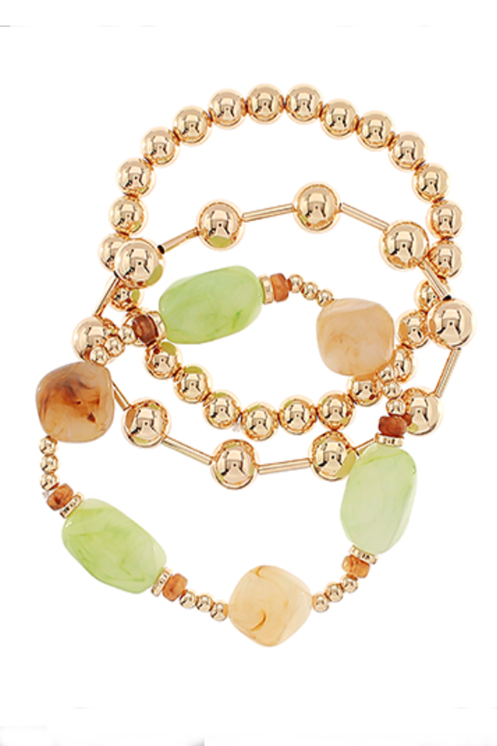 3 Row Marble Pebble & CCB Ball Bracelet-Green/Gold