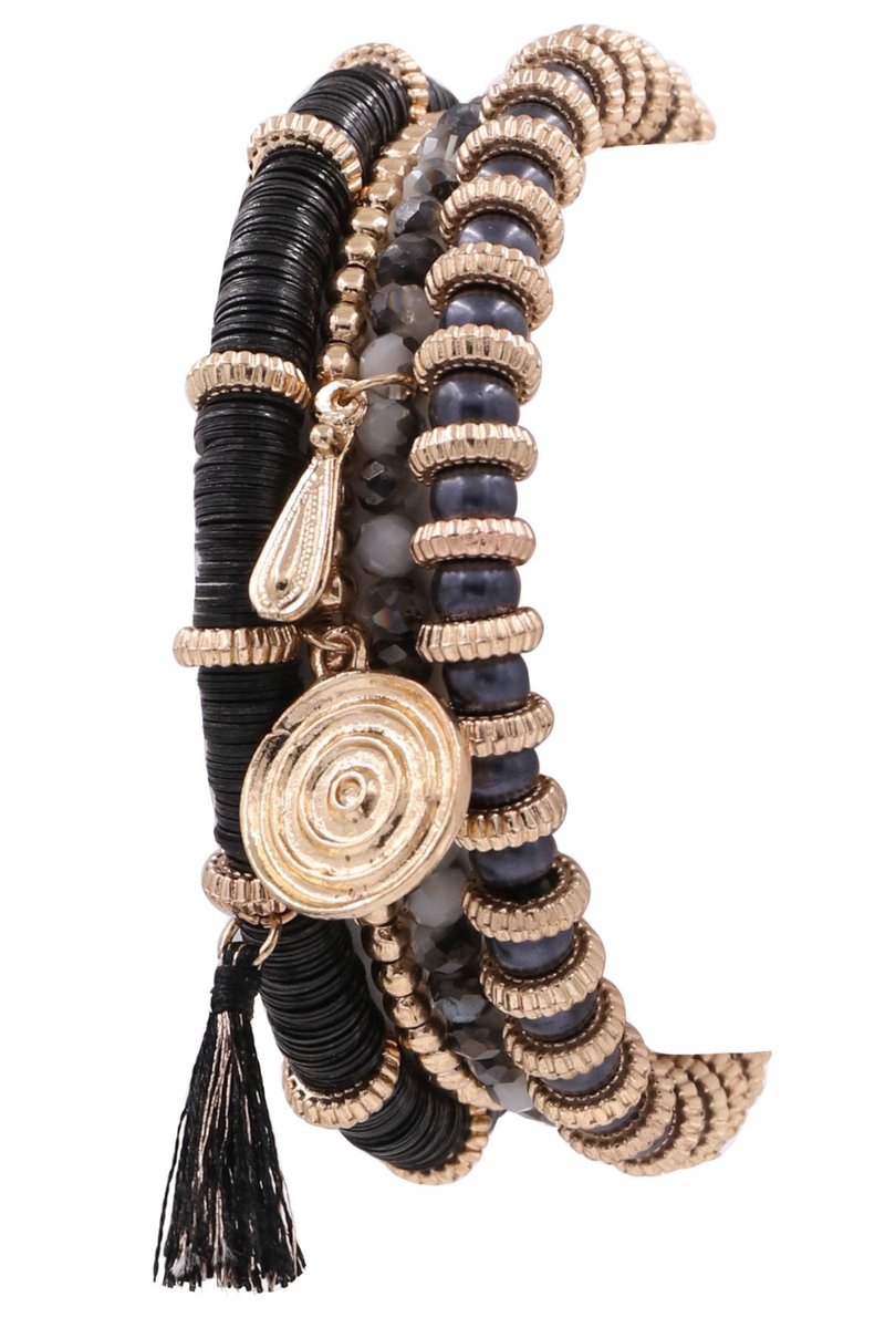 Crystal Bead Cotton Tassel Stretch Bracelet Set-Black