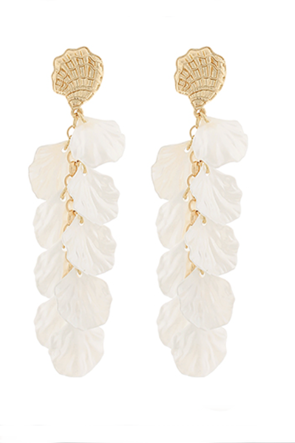Fringe Shell Charm Long Earrings-Cream/Gold