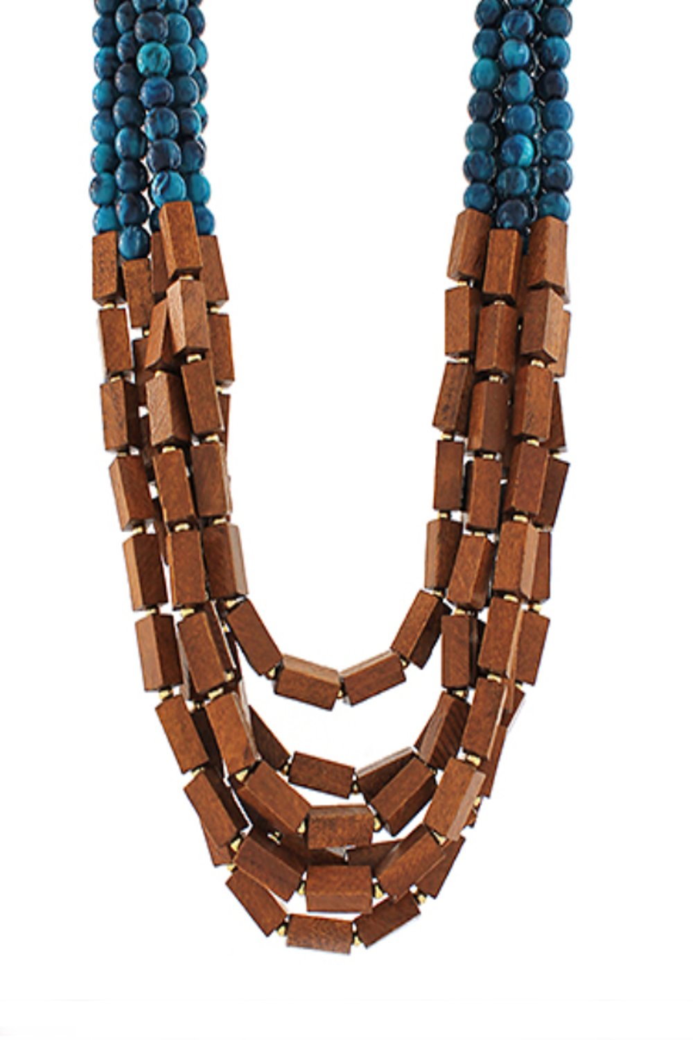 6 Layered Wood Bar & Agate Ball Necklace-Brown/Teal
