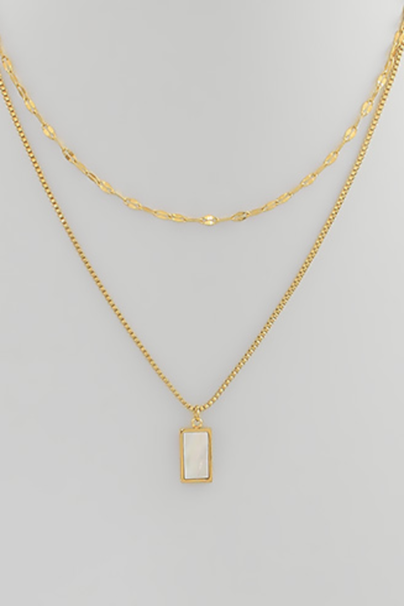 Pearl Rectangle Pendant Necklace-Gold