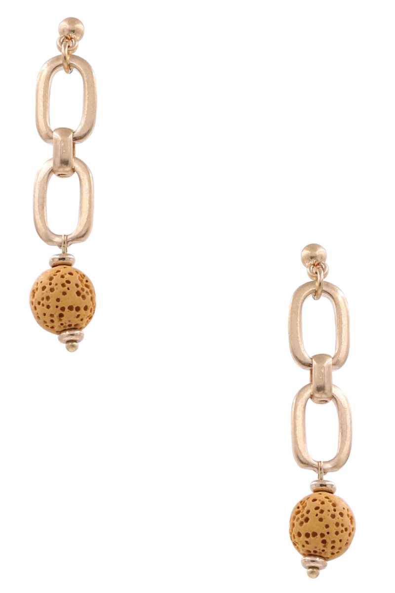 Pumice Stone Bead Chain Link Drop Earrings-Mustard