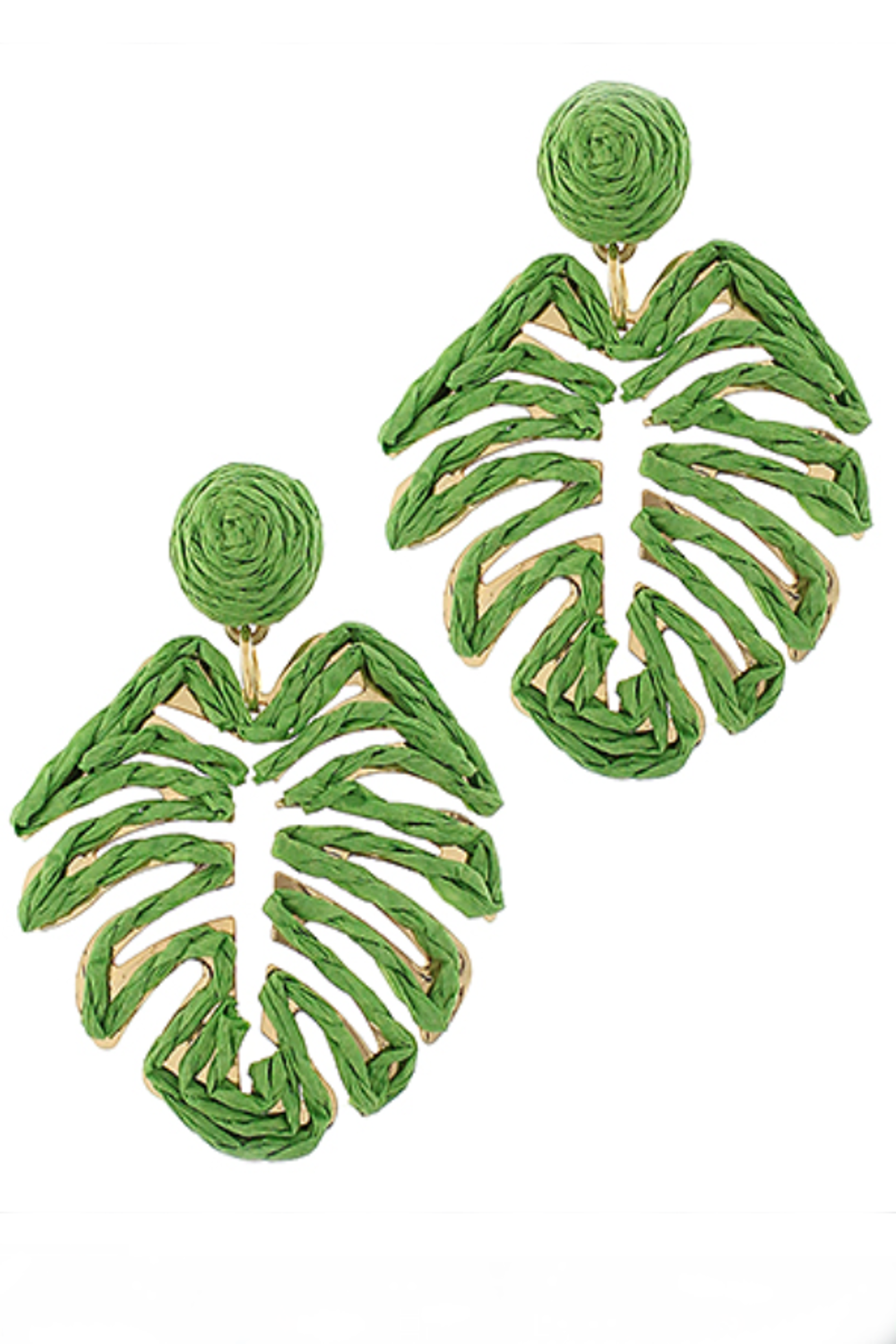 Raffia Tropical Leaf Earrings-Green