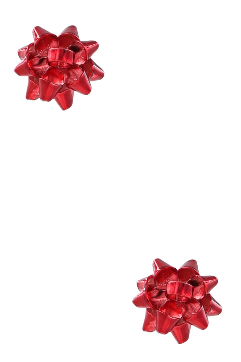 Metal Bow Present Earrings-Red