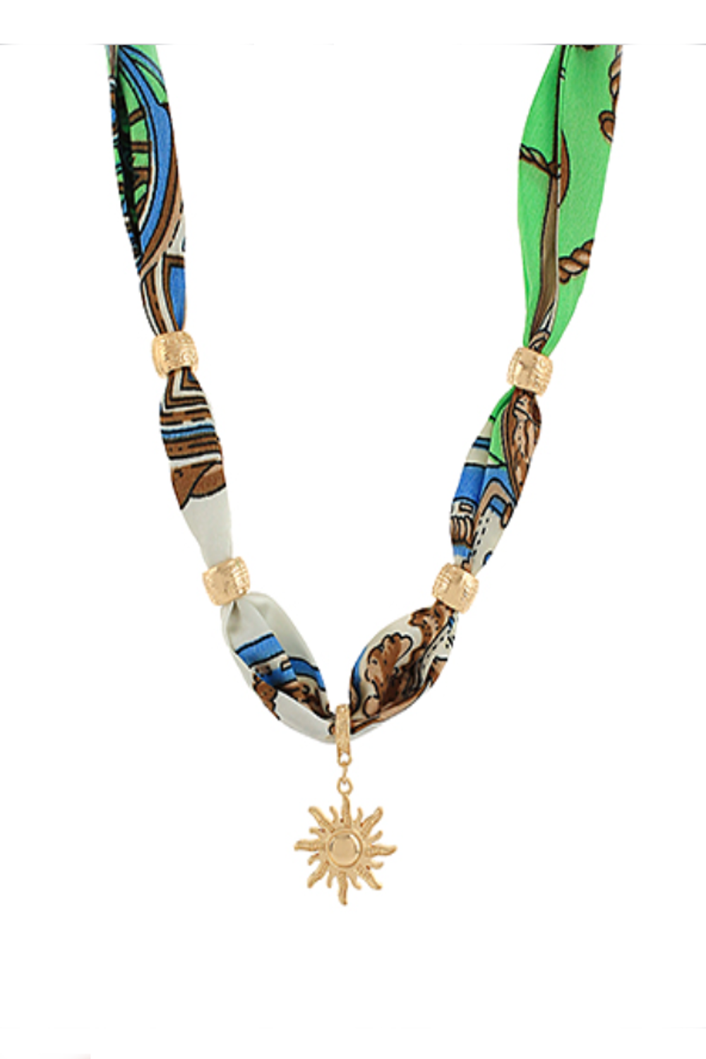Sunburst Charm Scarf & Metal Beads Necklace-Green/Gold