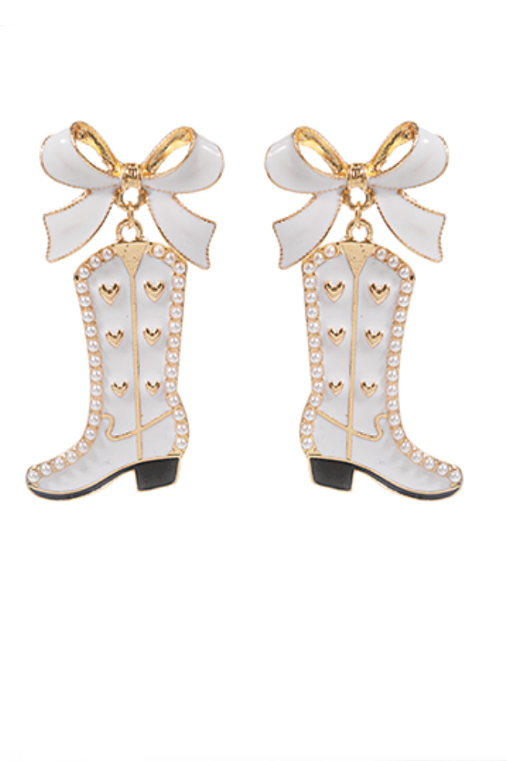 Wedding Bow & Heart Boots Earrings-White/Gold