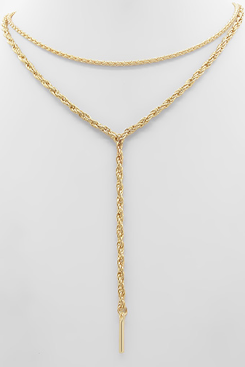 Bar Charm Wheat Chain Dual Necklace-Gold