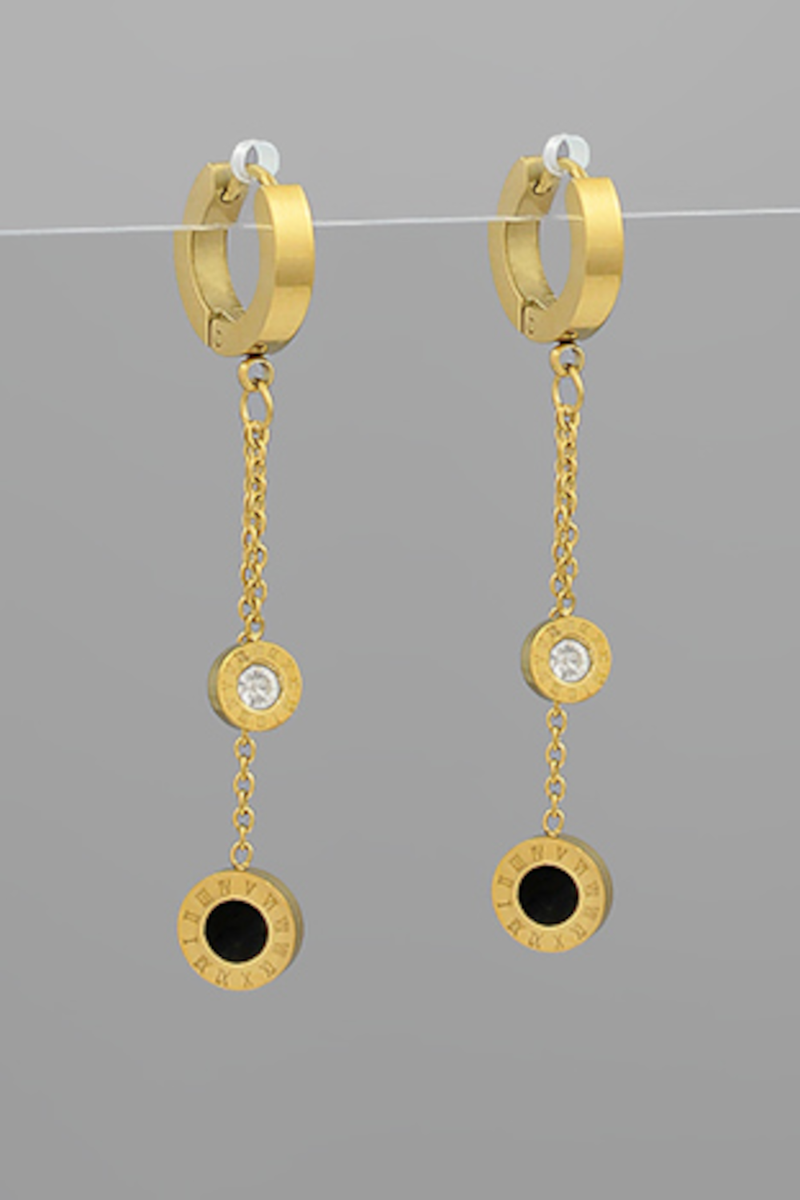 Pave & Roman Numeral Drop Hoops-Gold