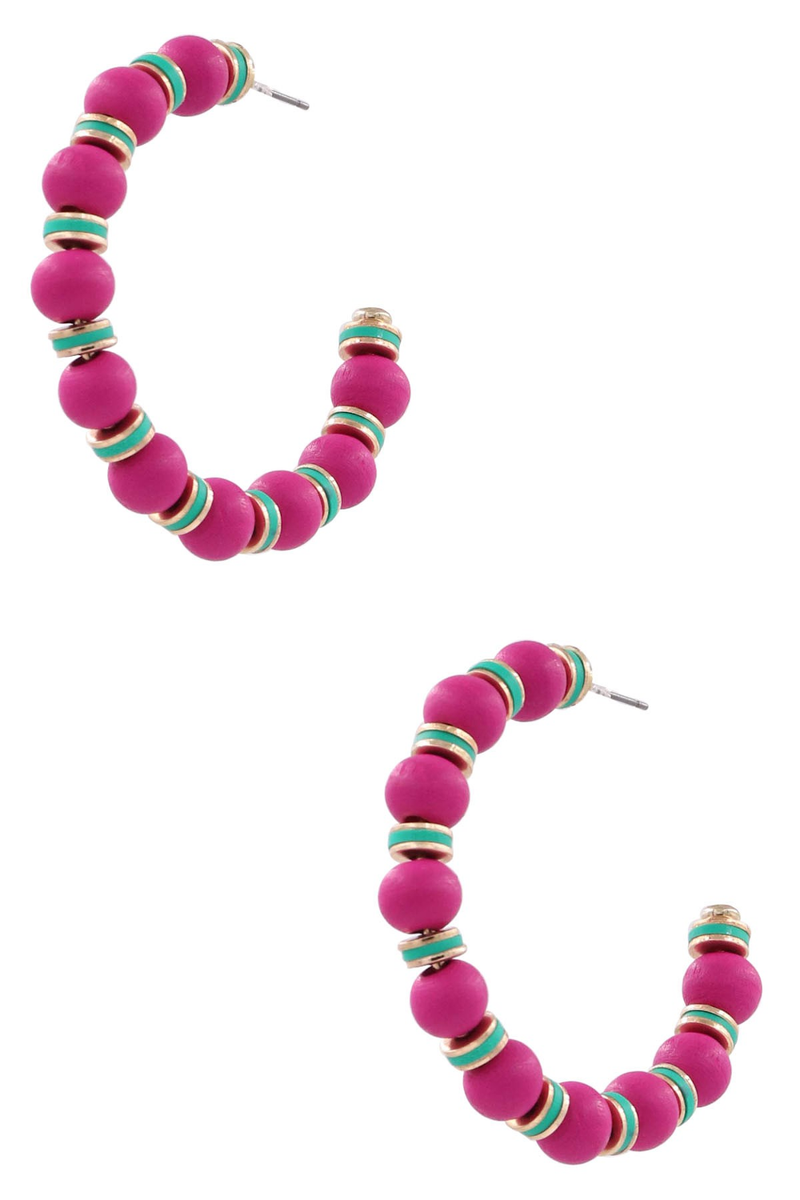 Wood Bead Open Hoop Earrings-Fuchsia