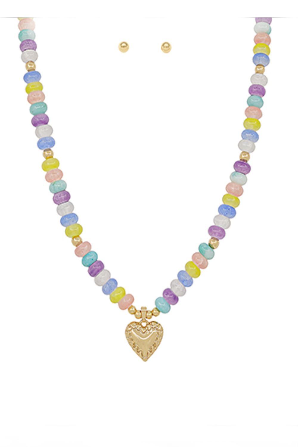 Color Bead & Heart Pendant Necklace-Multi