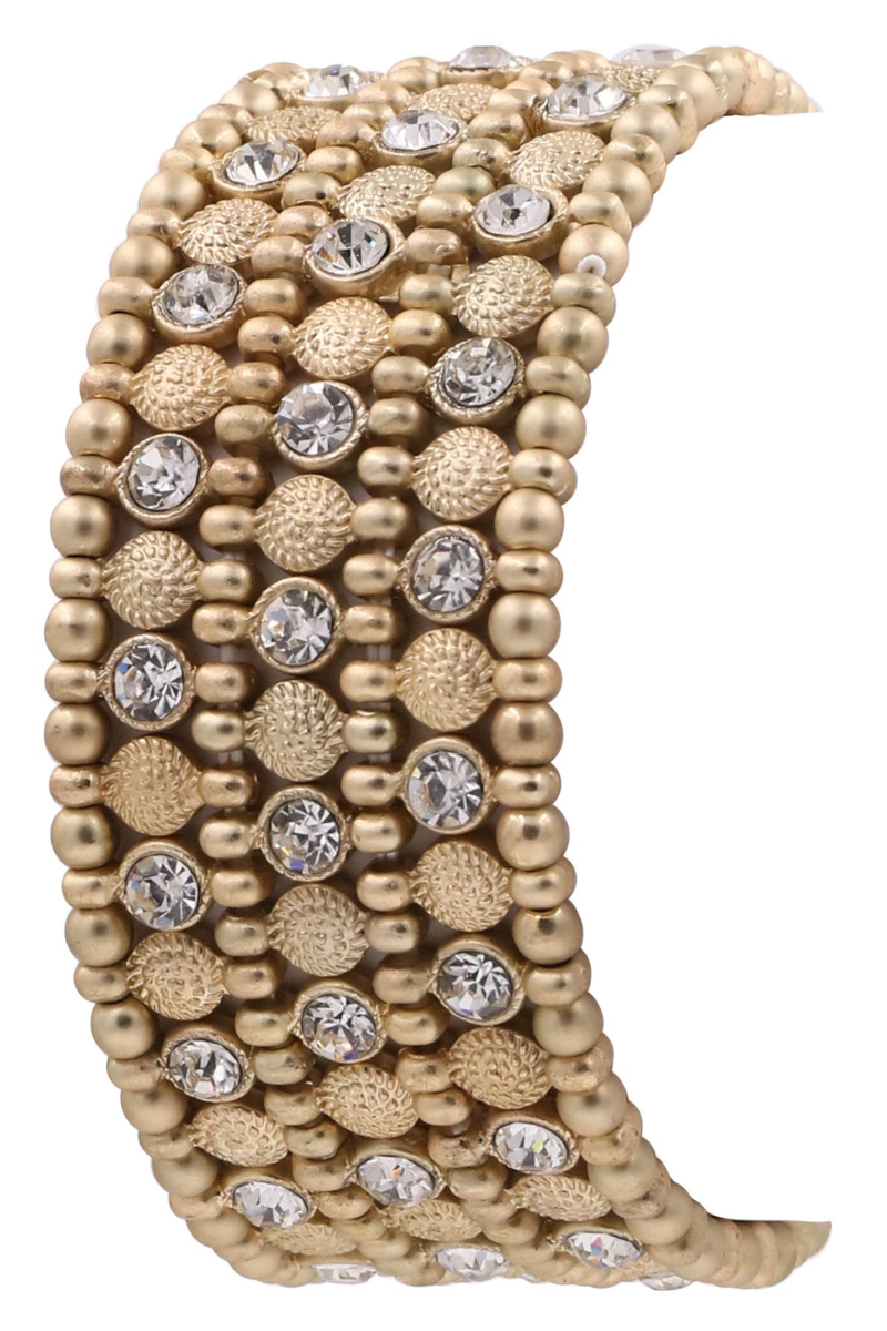Metal Bead Glass Jewel Stretch Bracelet- Matte Gold