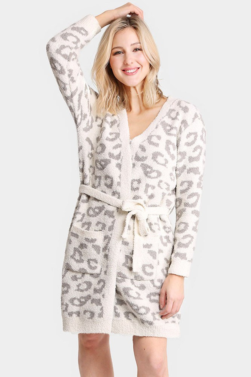 Leopard Print Soft Fuzzy Robe Beige