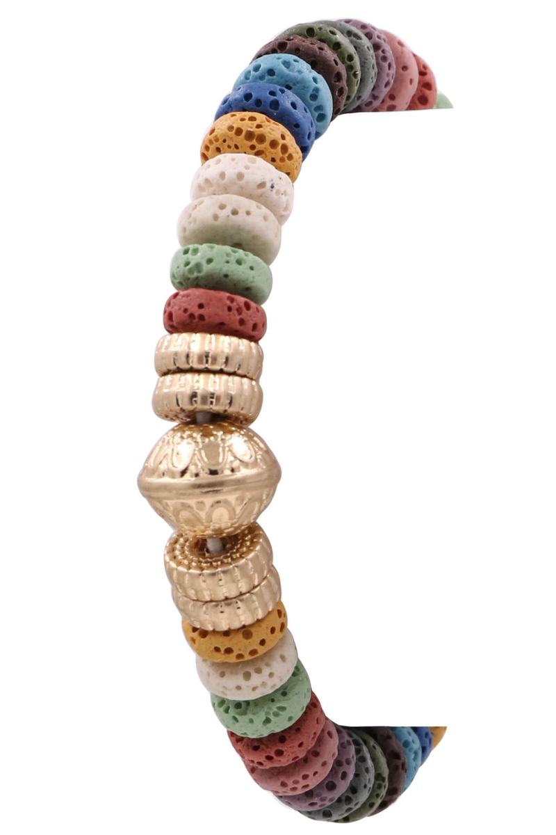 Lava Stone Metal Bead Stretch Bracelet-Multi
