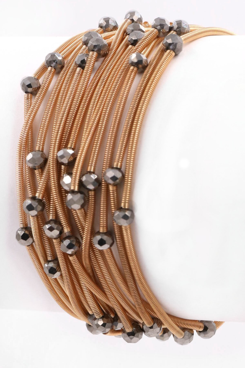 Metal Coil Faceted Bead Elastic Bracelet Set-Hematite