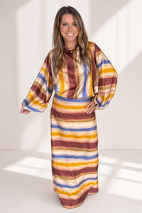 Watercolor Stripe Maxi Skirt Set-Multi