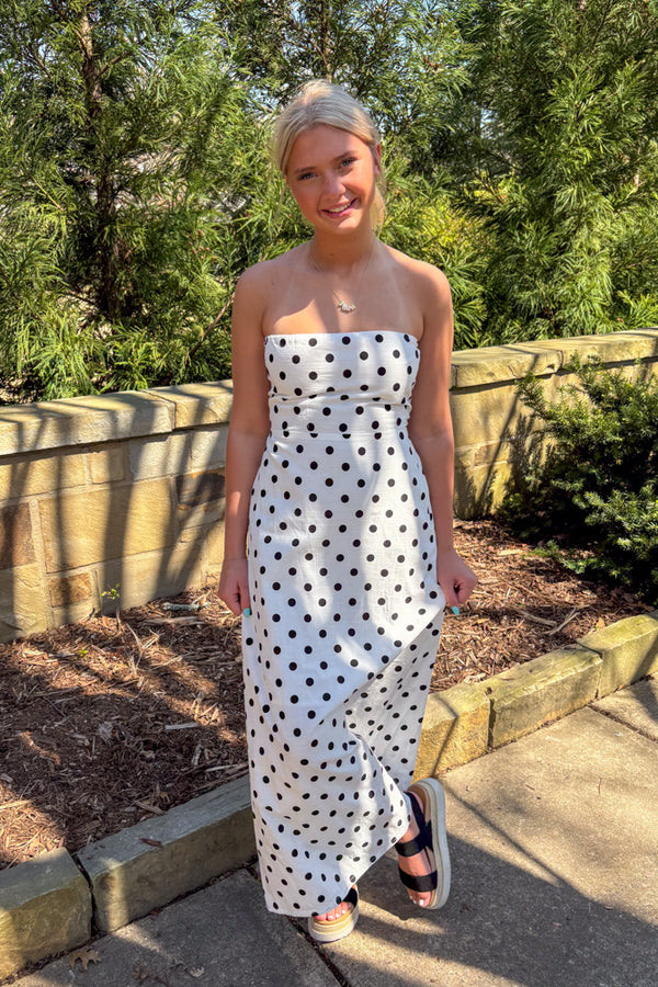 Vivian Strapless Polka Dot Maxi Dress-White/Black