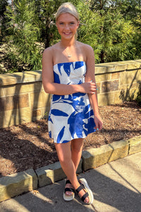 Klesis White and Blue Strapless Mini Dress
