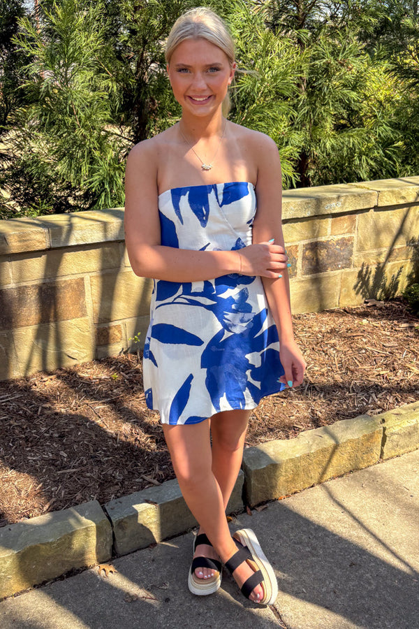 Klesis White and Blue Strapless Mini Dress