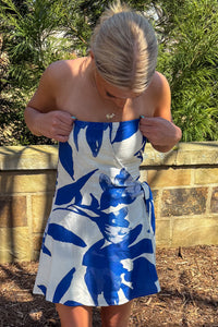 Klesis White and Blue Strapless Mini Dress with Tie