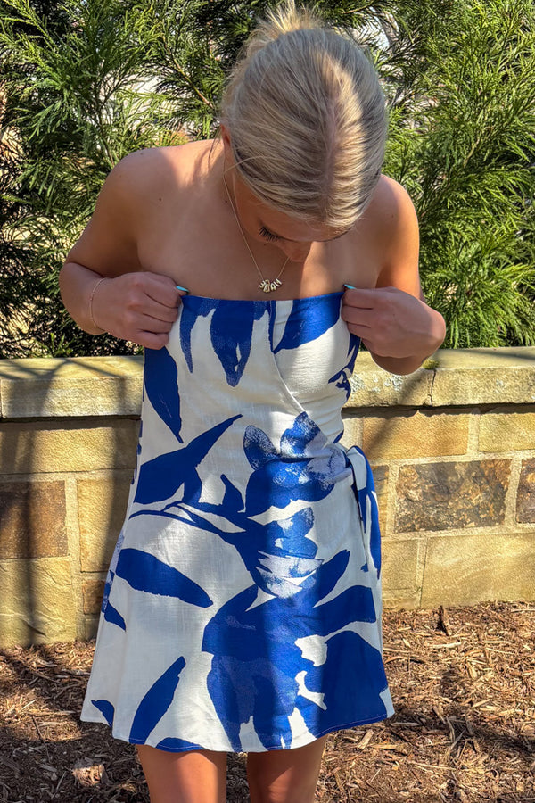 Klesis White and Blue Strapless Mini Dress with Tie