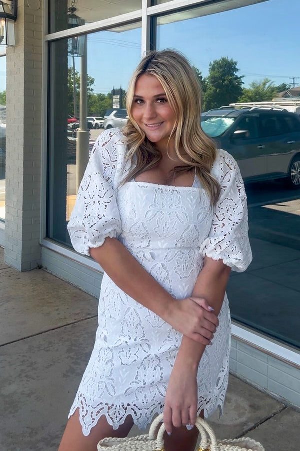 White Lace Square Neck Dress