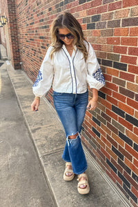 White Top WIith Blue Embroidered Sleeves