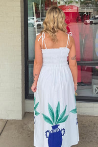 Mediterranean Muse Smocked Cotton Midi Dress-White