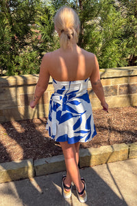 Klesis White and Blue Strapless Mini Dress Back