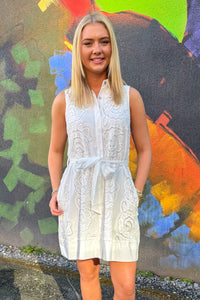 Uptown Blooms Sleeveless Belted Dress-Off White