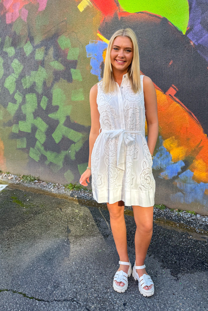 Uptown Blooms Sleeveless Belted Dress-Off White