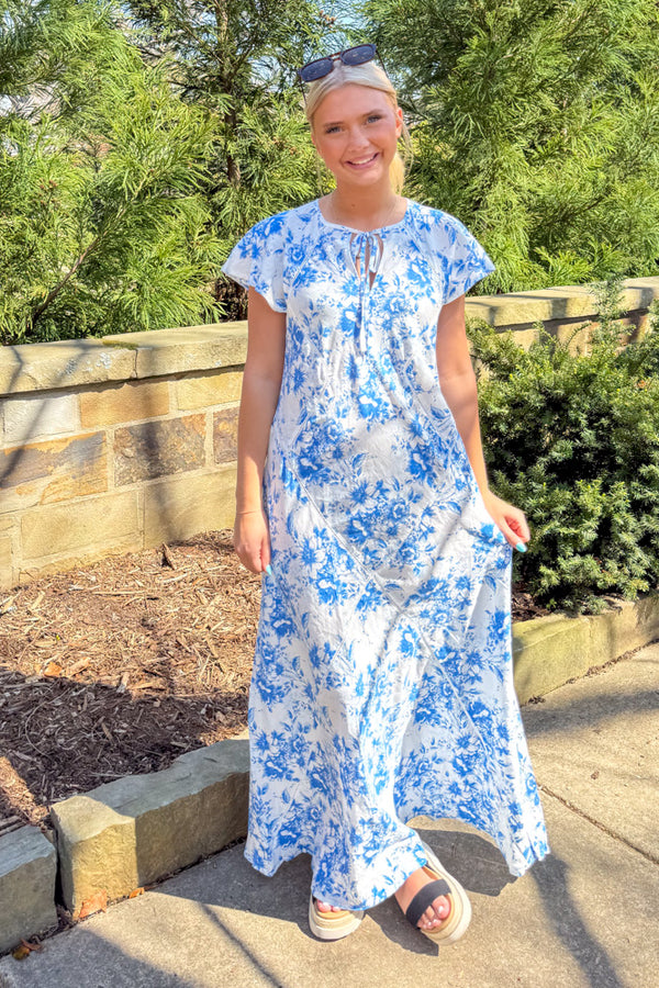 Olivaceous Blue and White Floral Maxi Dress