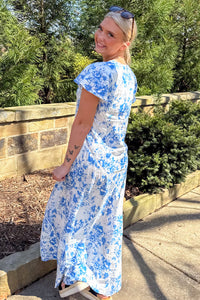 Olivaceous Blue and White Floral Maxi Dress Back