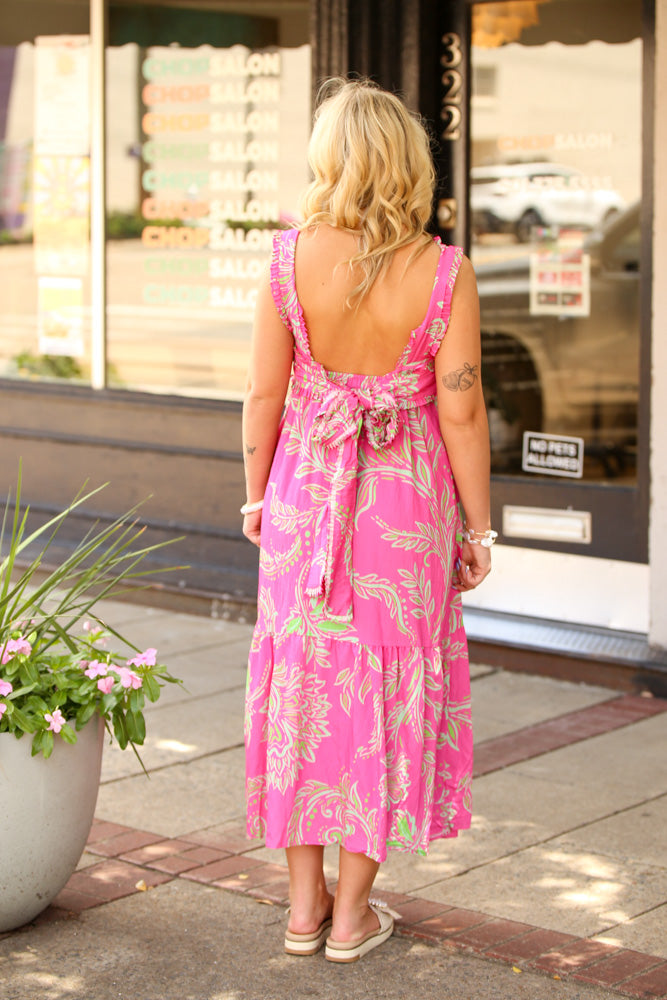 Tropical Print Open Back Self Tie Midi Dress-Magenta