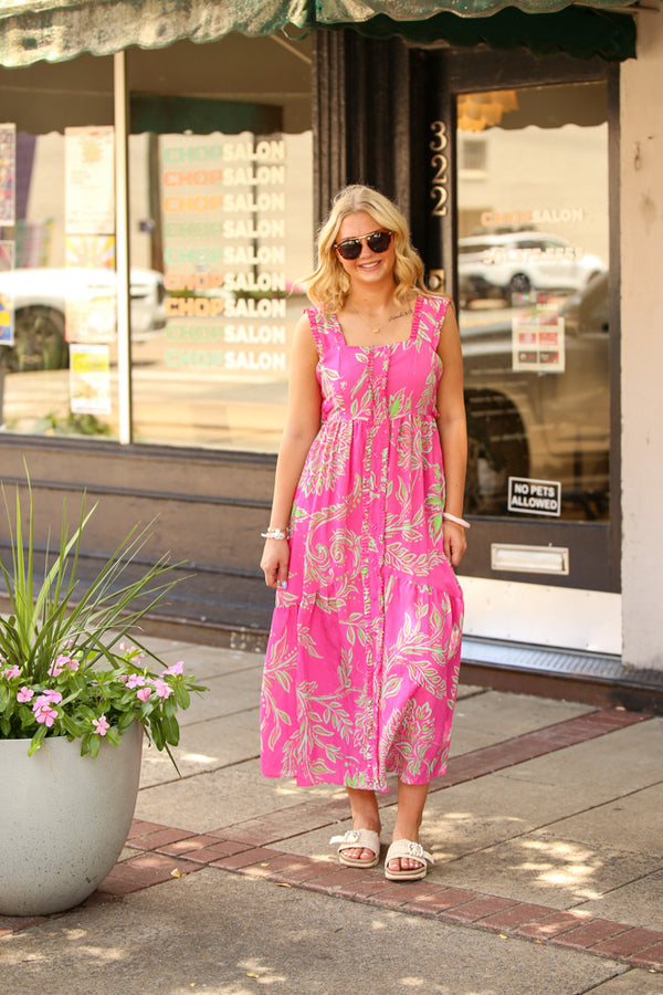 TCEC Pink Midi Dress with Green Tropical Print & Self Tie Back