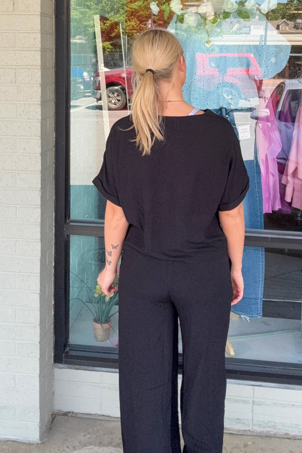 Zenana-Woven Short Sleeve Top and Pants Set-Black