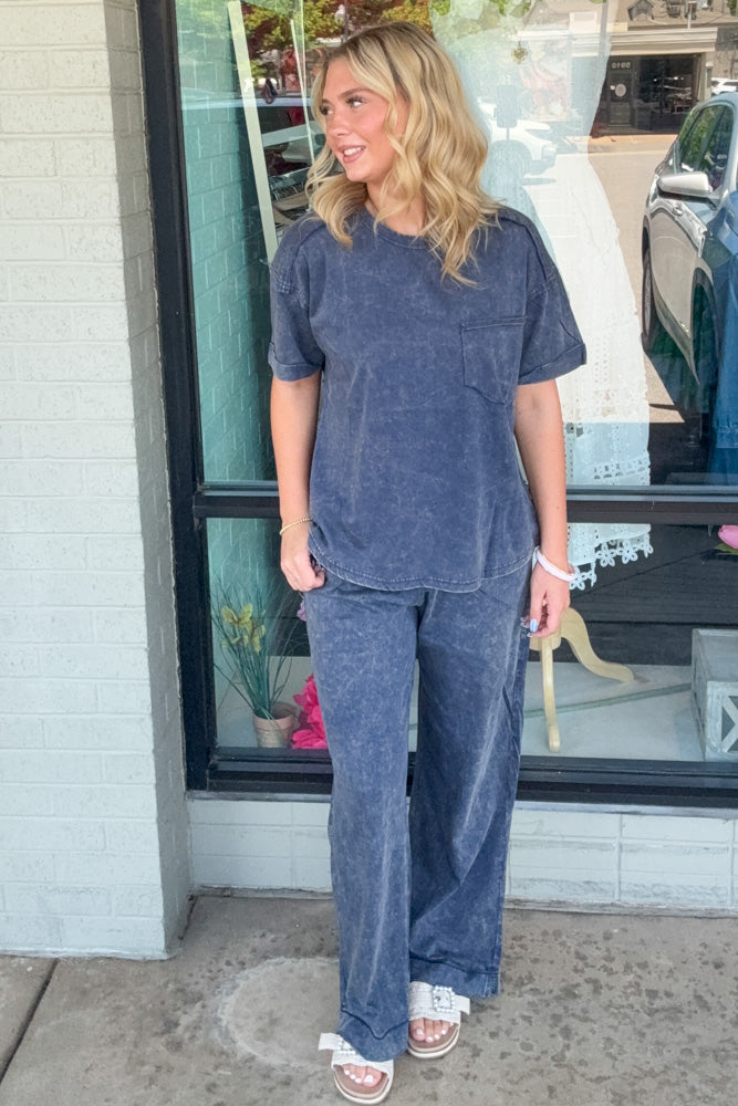 Acid Wash Exposed Seam Top and Pants Set