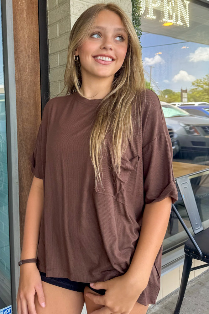 Zenana-Oversized Ribbed Round Neck Pocket Tee | Simply Dixie Boutique
