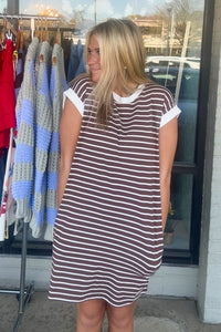 Zenana Striped T-Shirt Dress Brown