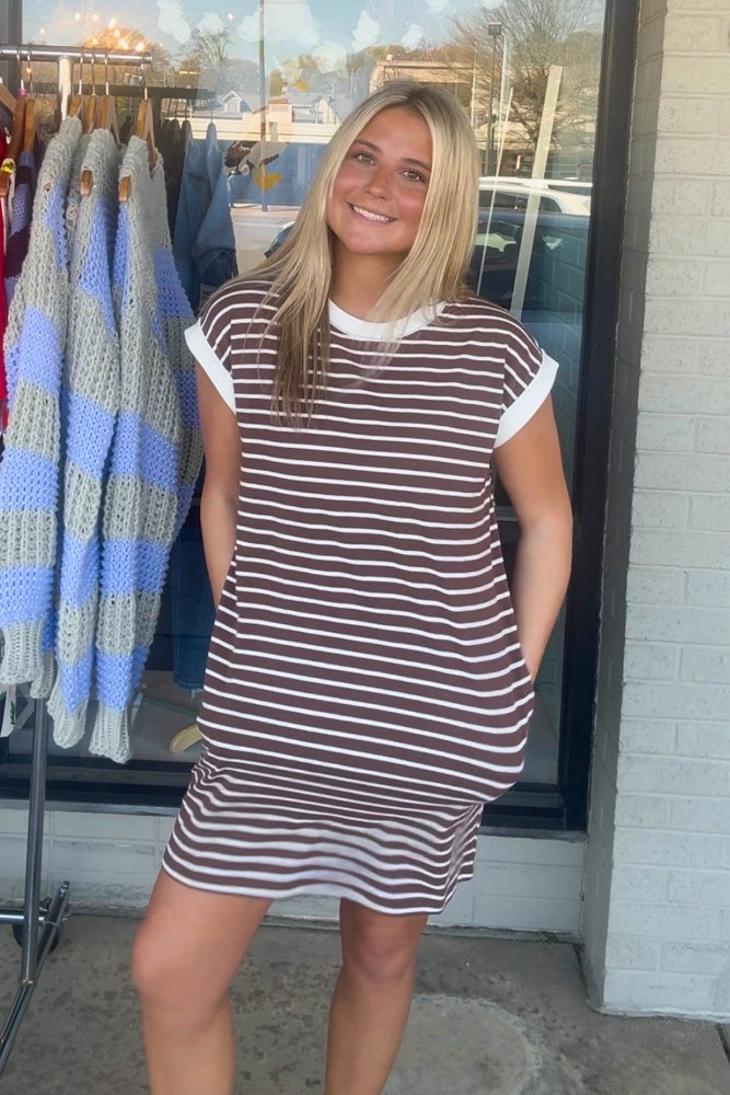 Zenana Striped T-Shirt Dress Brown With Pockets