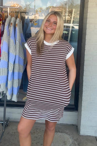 Zenana Striped T-Shirt Dress Brown With Pockets