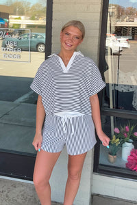 Zenana-Striped Collared Top and Shorts Set