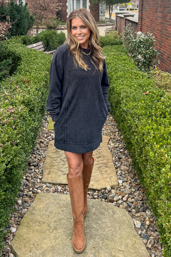 French Terry Acid Wash Dress With Pockets