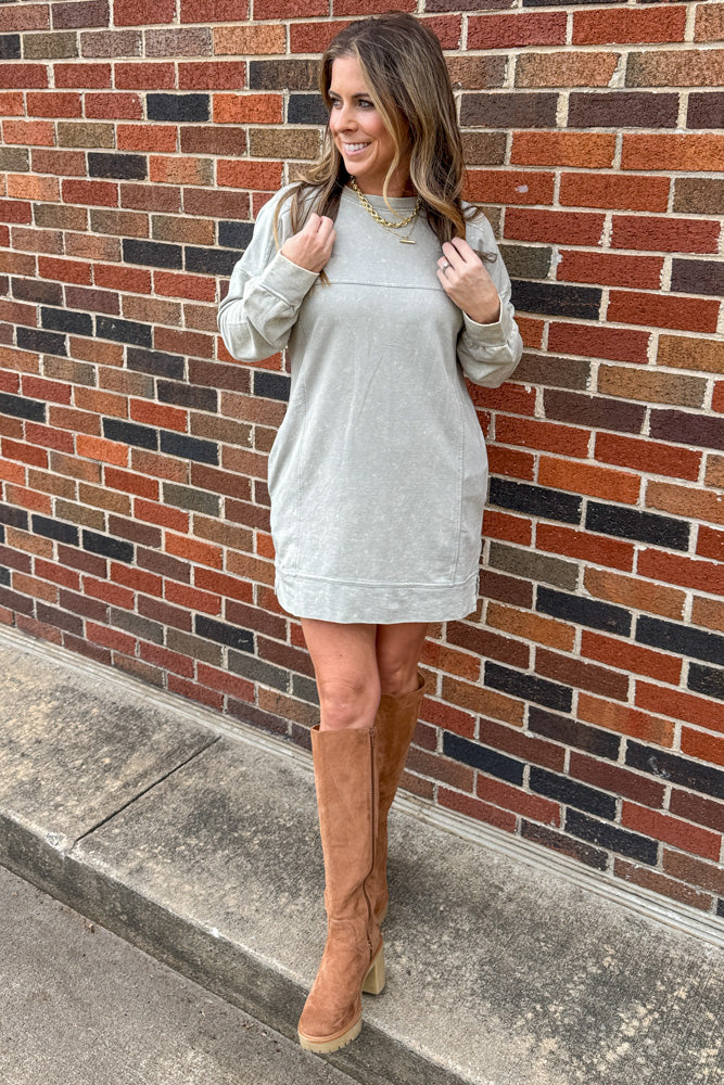 Zenana Acid Wash French Terry Long Sleeve Dress with Pockets