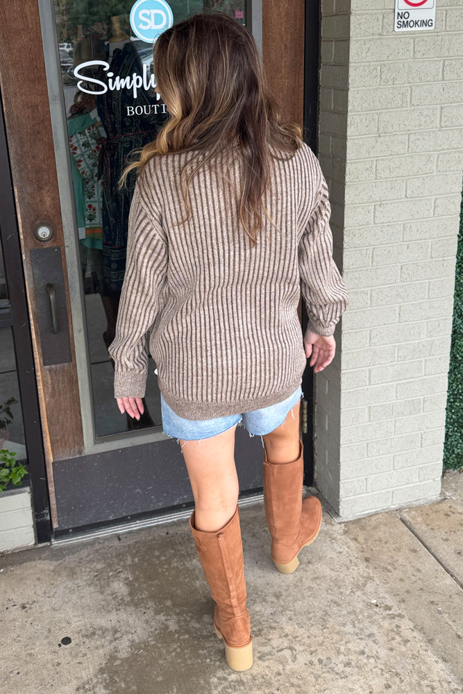 Zenana Curved Hem Two Tone Sweater Brown back