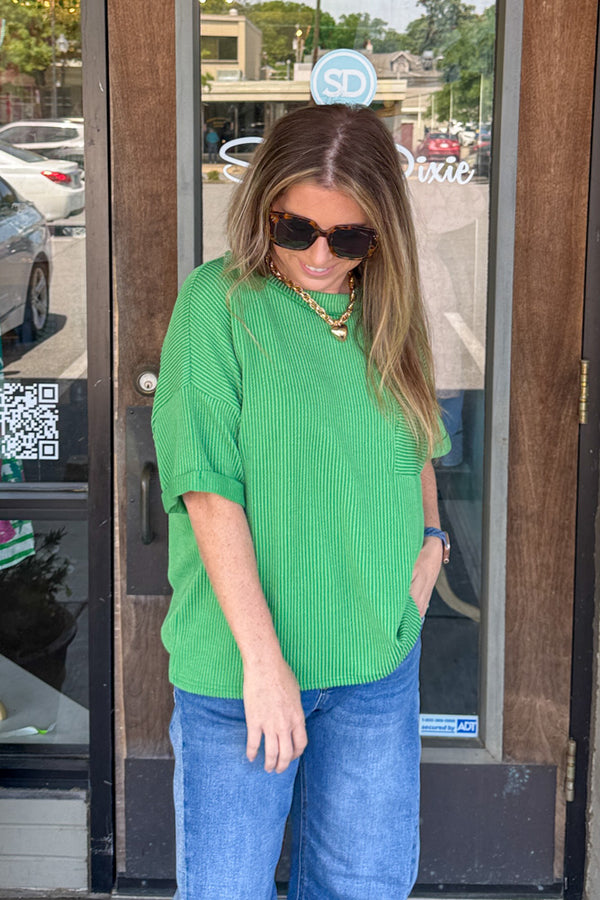 Zenana-Raised Rib Front Pocket Short Sleeve Top