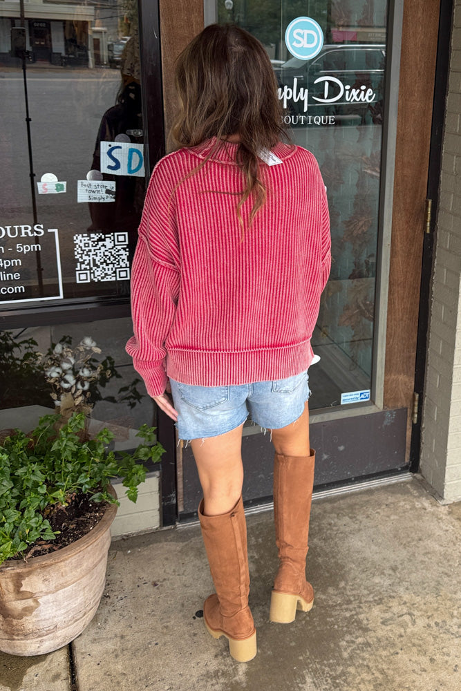 Side Slit Cropped Sweater Zenana Red Back