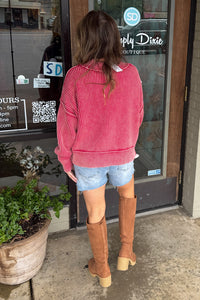 Side Slit Cropped Sweater Zenana Red Back