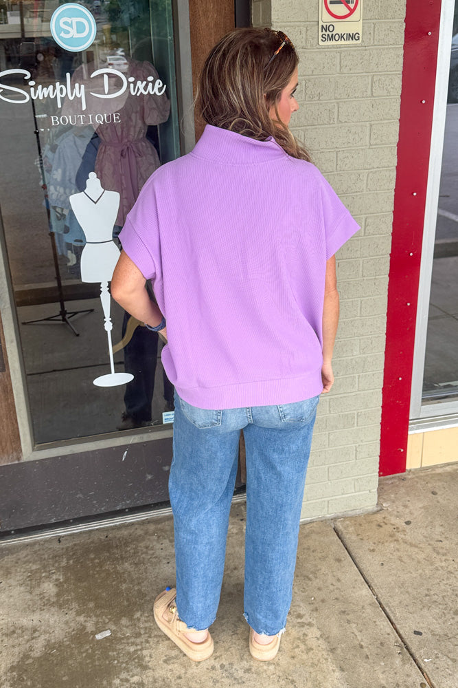 Ribbed High Neck Half Zip Top-Bright Lavendar